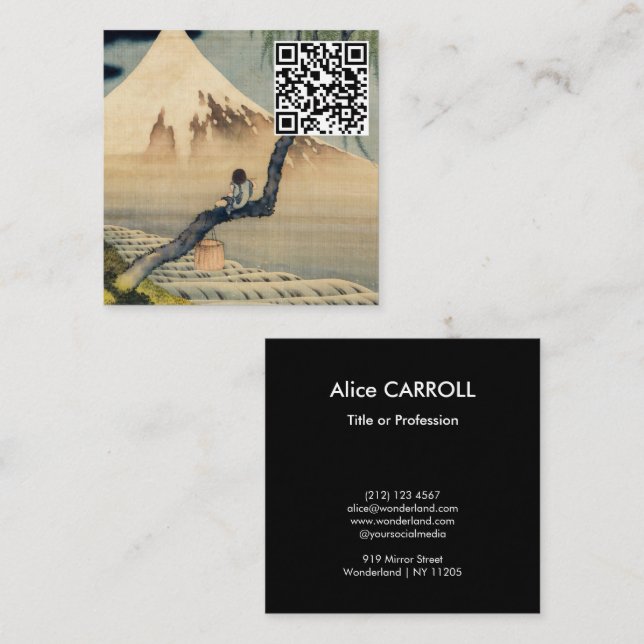 Tarjeta De Visita Cuadrada Hokusai - Niño viendo el Monte Fuji - Código QR (Anverso / Reverso)