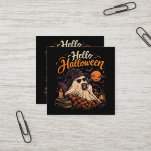 Tarjeta De Visita Cuadrada Hola Halloween Fantasma Lindo Bebiendo Café
