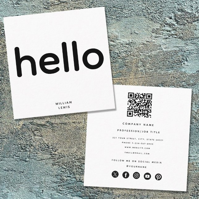 Tarjeta De Visita Cuadrada Hola mínima Código QR Iconos de medios sociales (Minimal Hello QR Code Social Media Icons Square Business Card)