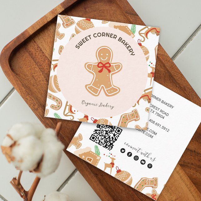 Tarjeta De Visita Cuadrada Holiday Gingerbread Bakery QR Code (Holiday Gingerbread Xmas Bakery Square Business Card)