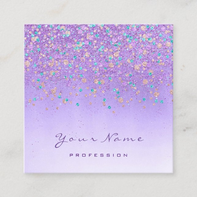 Tarjeta De Visita Cuadrada Holográfica Eyelash Makeup Purple Confetti Ombre (Anverso)