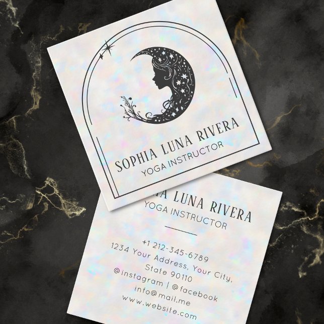 Tarjeta De Visita Cuadrada Holográfico Boho Arch Celestial Crescent Moon Yoga (Holographic Boho Arch Celestial Crescent Moon Yoga Square Business Card)