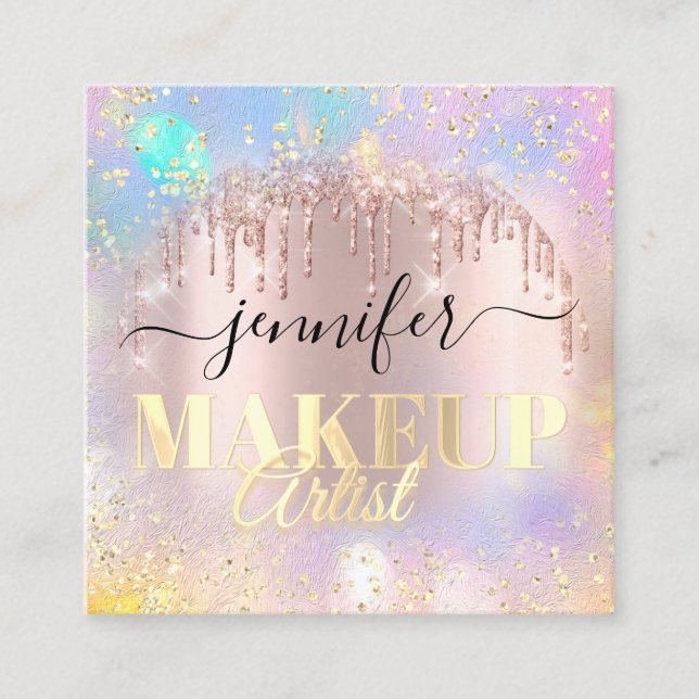 Tarjeta De Visita Cuadrada Holograma Rosa de oro del artista de maquillaje pr (Anverso)