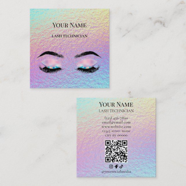 Tarjeta De Visita Cuadrada Holographic QR code Beige and Gold Lash Technician (Anverso / Reverso)