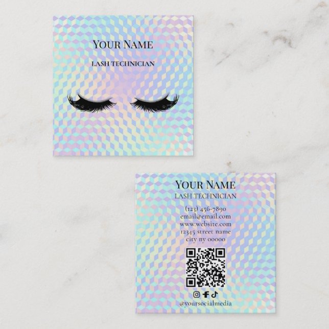 Tarjeta De Visita Cuadrada Holographic QR code Beige and Gold Lash Technician (Anverso / Reverso)