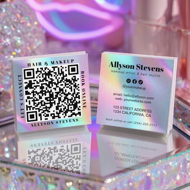 Tarjeta De Visita Cuadrada Holographic Unicorn Bold QR Code Hair & Makeup (Holographic Unicorn Bold QR Code Hair & Makeup Square Business Card)