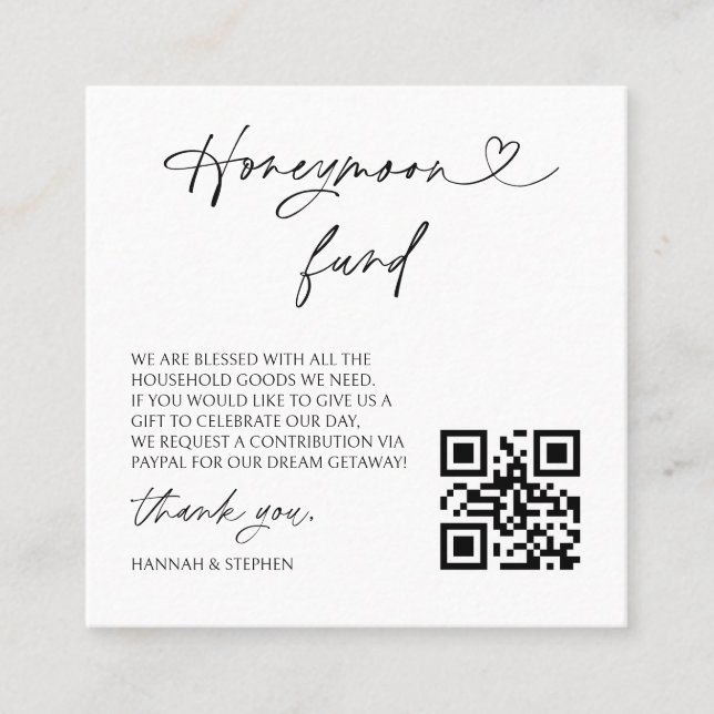 Tarjeta De Visita Cuadrada Honeymoon Fund Wedding Request Enclosure QR Card (Anverso)