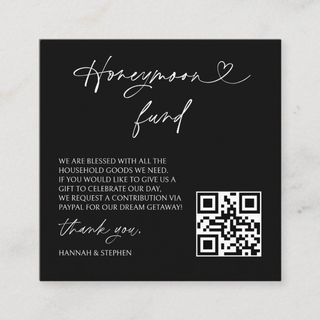 Tarjeta De Visita Cuadrada Honeymoon Fund Wedding Request Enclosure QR Card (Anverso)