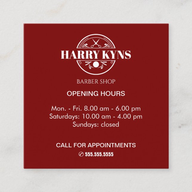 Tarjeta De Visita Cuadrada Horario de apertura de la barbería personalizado (Anverso)
