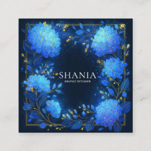 Tarjeta De Visita Cuadrada Hortensia Azul Marco Celestial Dorado Medianoche