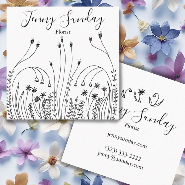 Tarjeta De Visita Cuadrada Horticultura de arte de línea de jardín (Hand drawn botanical  line art on a custom business card)