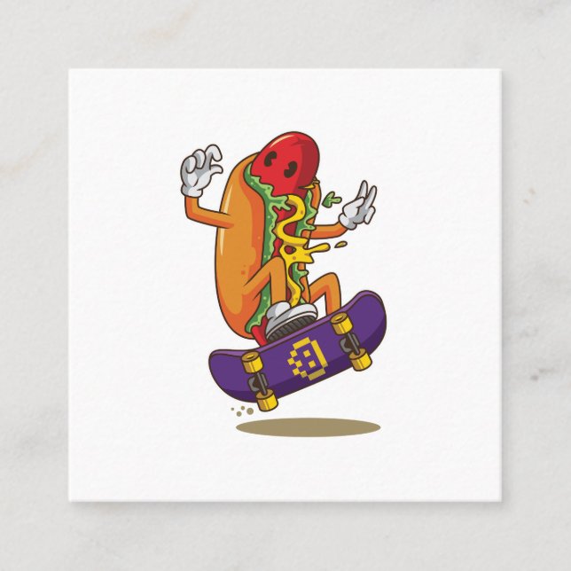 Tarjeta De Visita Cuadrada Hot_dog_skateboarding_personalizado_ilustracion (Anverso)