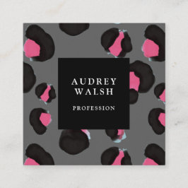 Tarjeta De Visita Cuadrada Huella de Leopardo Gris Girly Pink Back