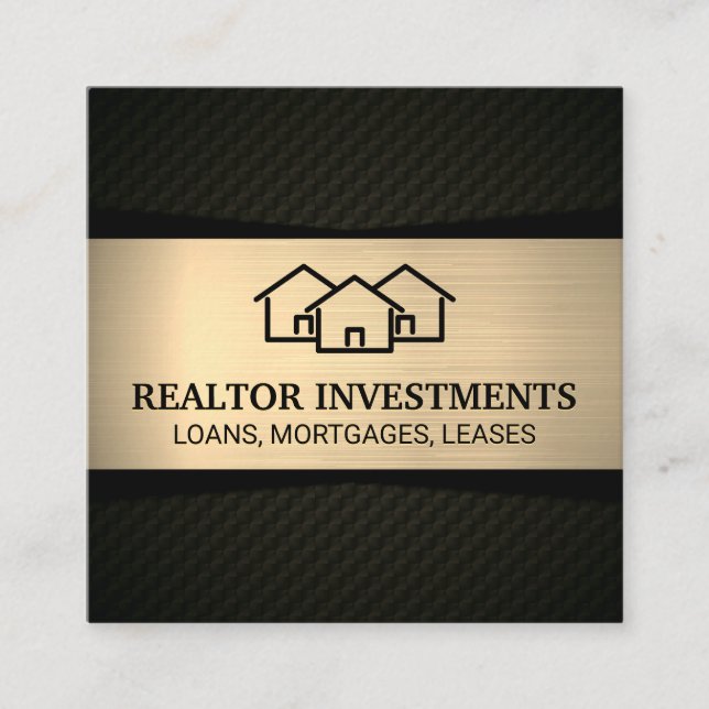 Tarjeta De Visita Cuadrada Icono de homes | Metálico de oro | Negro estampado (Anverso)