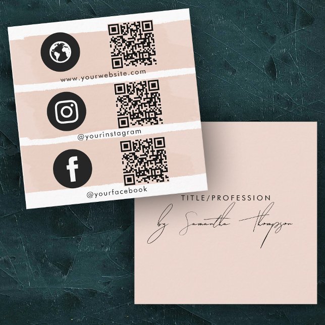 Tarjeta De Visita Cuadrada Icono triple Código QR Medios sociales Rubor Rosa (Triple Icon QR Code Social Media Blush Pink Square Business Card)