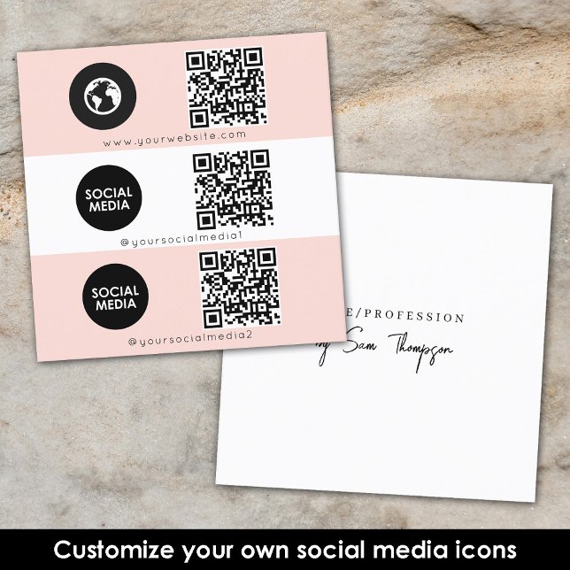 Tarjeta De Visita Cuadrada Icono triple Código QR Personalizado Social Media  (Triple Icon QR Code Custom Social Media Pink Square Business Card)