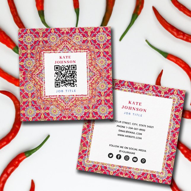 Tarjeta De Visita Cuadrada Iconos de medios sociales con código QR geométrico (Subido por el creador)