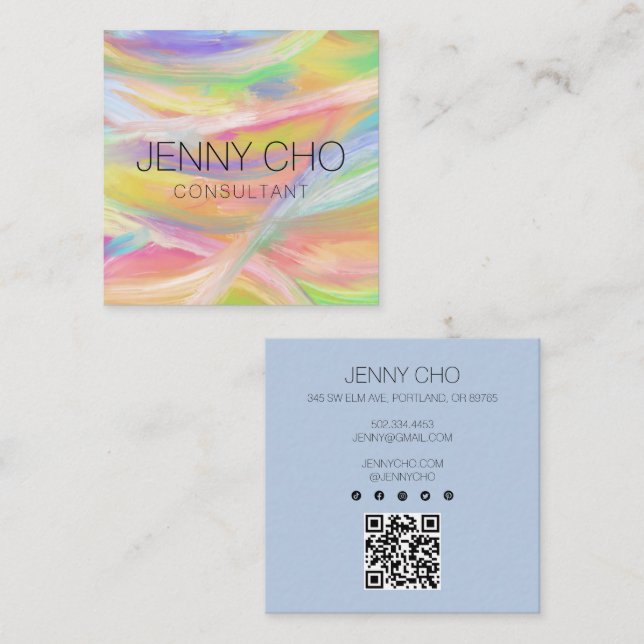 Tarjeta De Visita Cuadrada Iconos sociales del código QR de pintura arcoiris  (Anverso / Reverso)
