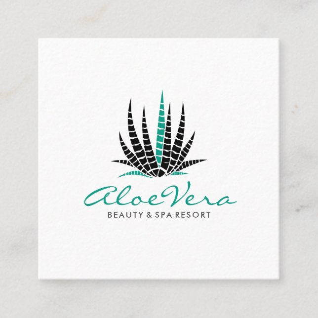 Tarjeta De Visita Cuadrada Ilustracion Aloe Vera Verde azulado y blanco minim (Anverso)