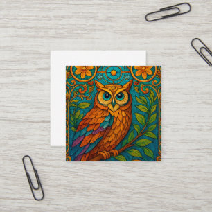 Tarjeta De Visita Cuadrada Ilustración de búho de arte popular místico – Boho