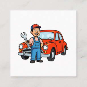 Tarjeta De Visita Cuadrada Ilustración de Mecánico de Dibujos Animados Lindo 