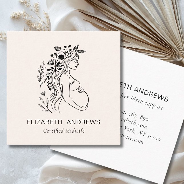 Tarjeta De Visita Cuadrada Ilustracion de mujer embarazada | Doula Midwife (Pregnant Woman Illustration | Doula Midwife Square Business Card)