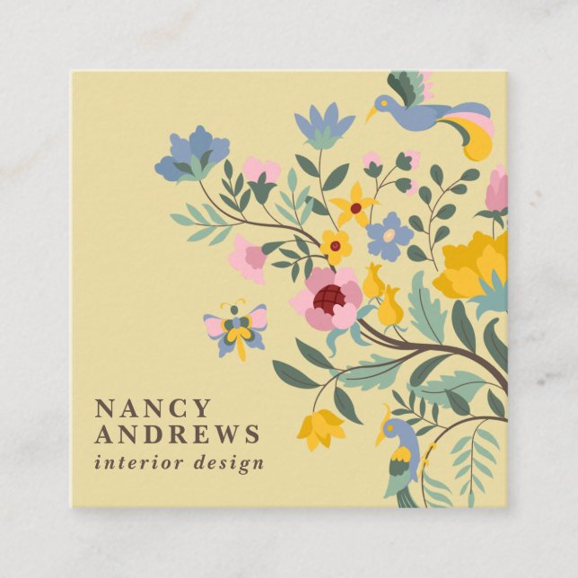 Tarjeta De Visita Cuadrada Ilustracion floral amarillo claro (Anverso)