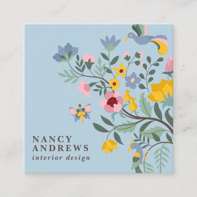 Tarjeta De Visita Cuadrada Ilustracion floral azul pálido (Anverso)