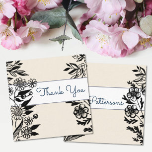 Tarjeta De Visita Cuadrada Ilustracion floral blanco y beige