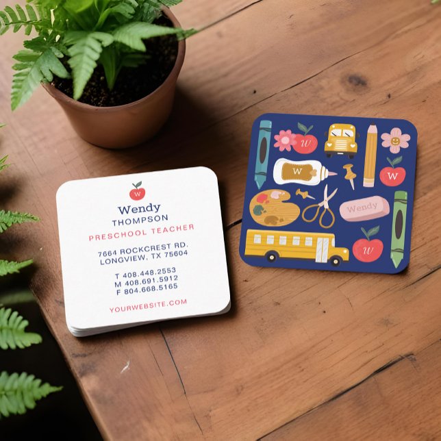 Tarjeta De Visita Cuadrada Ilustraciones de ícono de material docente y docen (Teacher & Tutor School Supplies Icon Illustrations Square Business Card)