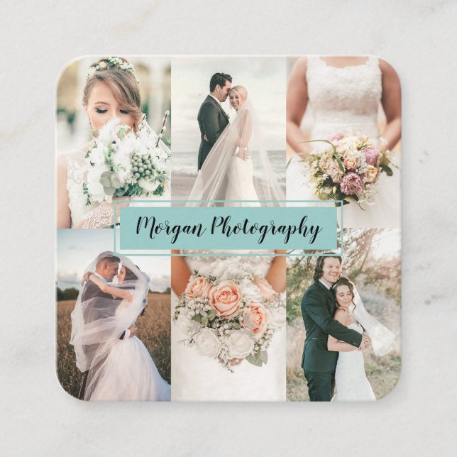 Tarjeta De Visita Cuadrada Imagen moderna verde azulada de fotógrafo collage  (Anverso)