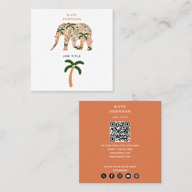 Tarjeta De Visita Cuadrada Indian Floral Paisley Ornate Elephants (Anverso / Reverso)