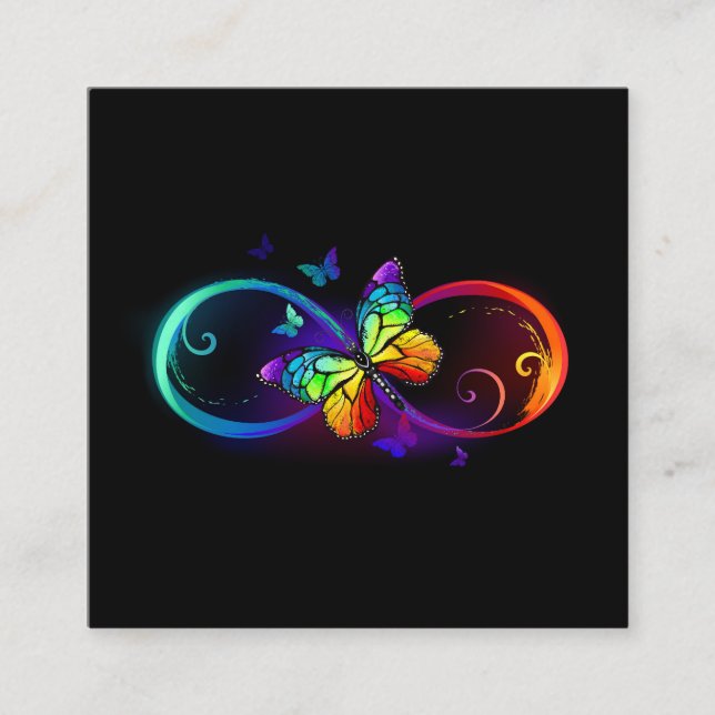 Tarjeta De Visita Cuadrada Infinito vibrante con mariposa arco iris sobre neg (Anverso)