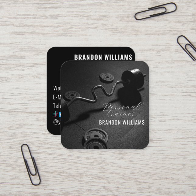 Tarjeta De Visita Cuadrada Influencia del formador personal Black White Fitne (Anverso/Reverso In Situ)