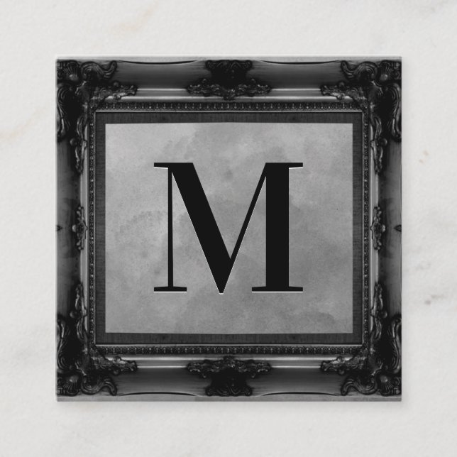 Tarjeta De Visita Cuadrada Inicial | Marco antiguo negro | Textura gris (Anverso)