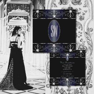 Tarjeta De Visita Cuadrada Iniciales de Ornamentos de Ornato Azul Negro