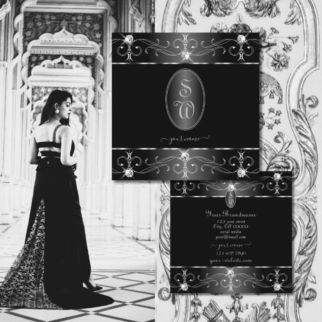 Tarjeta De Visita Cuadrada Iniciales de Ornamentos Noble Plata Blanco Negro (Subido por el creador)