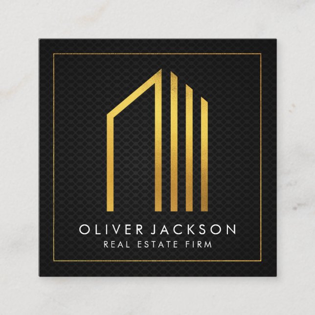 Tarjeta De Visita Cuadrada Inmobiliaria | Ejecutivo de Gold Lux | Malla negra (Anverso)
