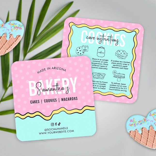 Tarjeta De Visita Cuadrada Instrucciones de cuidado de cookies de Personaliza (Trendy cookie care instructions cards in pastel pink & blue colors and modern cartoon style design)