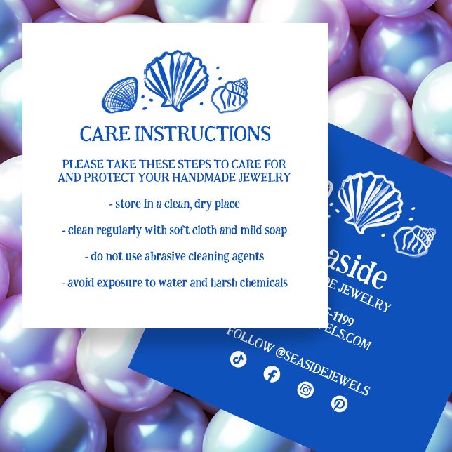 Tarjeta De Visita Cuadrada INSTRUCCIONES DE CUIDADO DE Joyas HECHAS A mano (SEASHELLS Jewelry CARE INSTRUCTIONS Handmade Craft Square Business Card
)