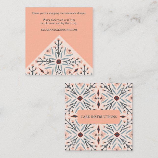 Tarjeta De Visita Cuadrada INSTRUCCIONES DE CUIDADO Elegantes Baldosas Floral (Anverso / Reverso)
