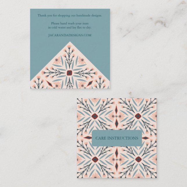 Tarjeta De Visita Cuadrada INSTRUCCIONES DE CUIDADO Elegantes Baldosas Floral (Anverso / Reverso)