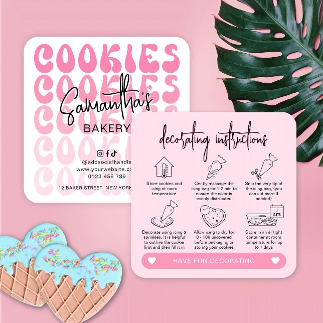 Tarjeta De Visita Cuadrada Instrucciones de decoración de galletas de bricola (Trendy cookies decorating kit instructions cards in retro pink design with icons)