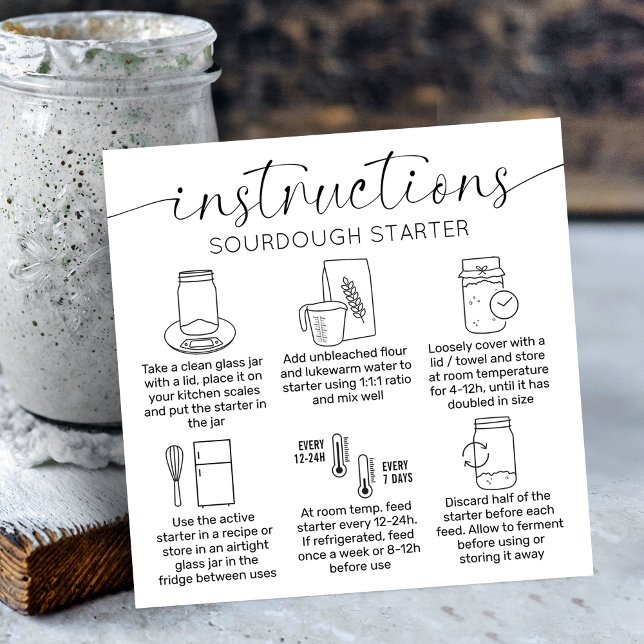 Tarjeta De Visita Cuadrada Instrucciones de inicio de Sourdough Pan de logoti (Minimalist sourdough starter feeding instructions cards with care icons, stylish calligraphy font)