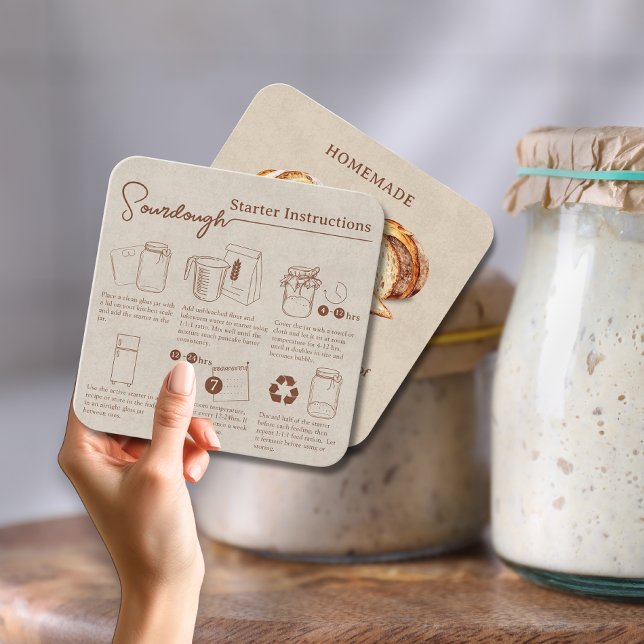 Tarjeta De Visita Cuadrada Instrucciones de inicio rusticas caseras de Sourdo (Rustic Homemade Sourdough Starter Instructions Square Business Card)