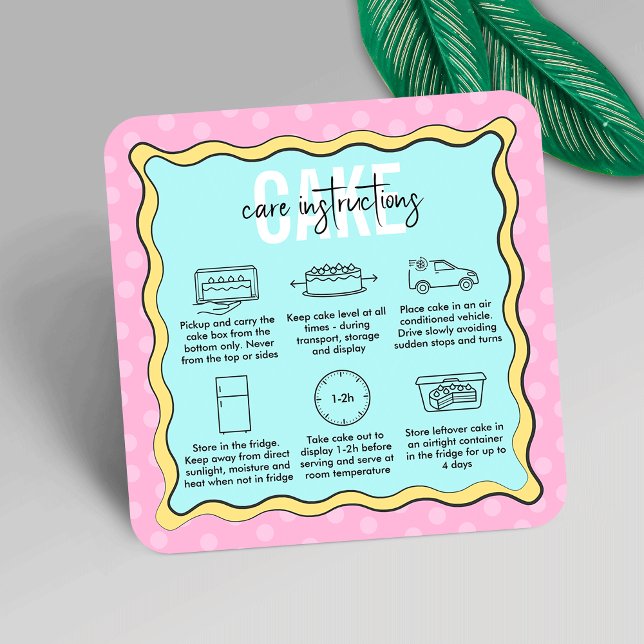 Tarjeta De Visita Cuadrada Instrucciones para el cuidado de pasteles de Perso (Trendy cake care instructions cards in cartoon cake inspired design, featuring care icons)
