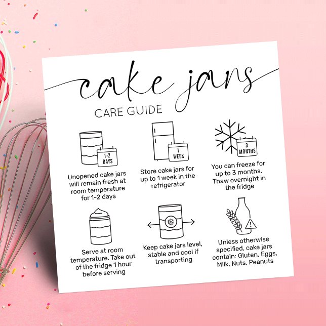 Tarjeta De Visita Cuadrada Instrucciones para el cuidado de pasteles Mínimo P (Minimalist modern cake jars care cards with care icons, elegant script font)