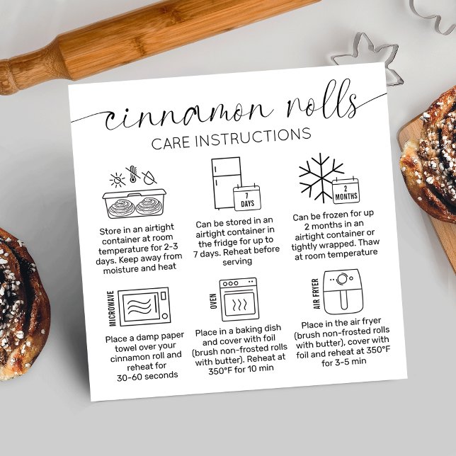 Tarjeta De Visita Cuadrada Instrucciones para rollos de canela Panadería de p (Minimalist cinnamon rolls care & heating instructions cards with care icons, elegant script font)