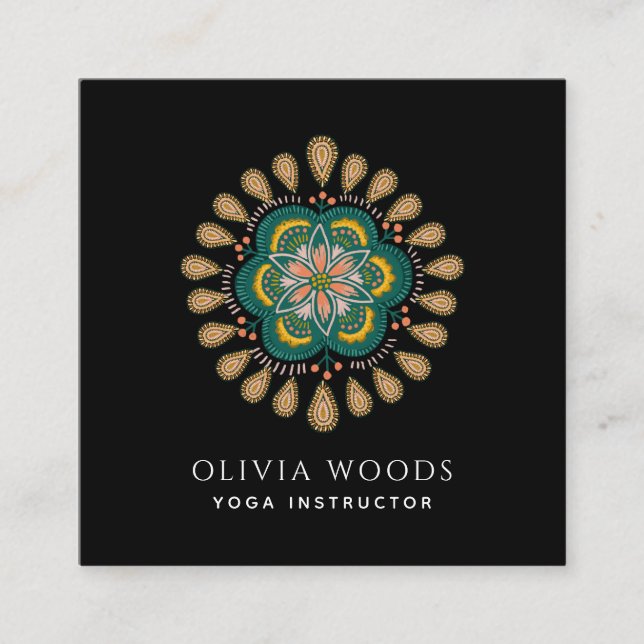 Tarjeta De Visita Cuadrada Instructor de Yoga Boho Floral Mandala (Anverso)