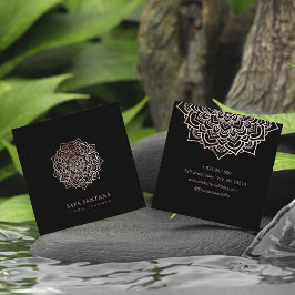 Tarjeta De Visita Cuadrada Instructor de Yoga Rose Gold Glitter Mandala